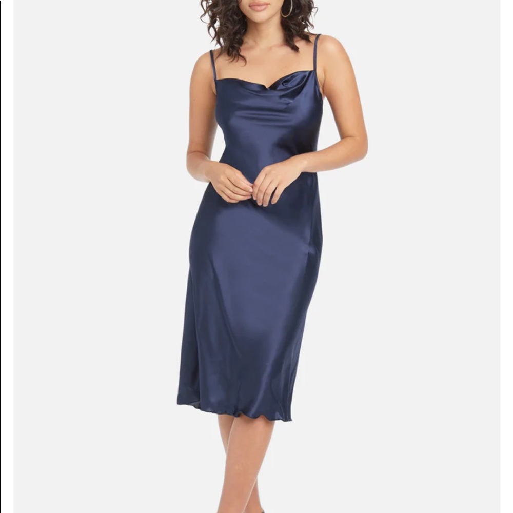 BEBE SATIN COWL NECK SLIP MIDI DRESS